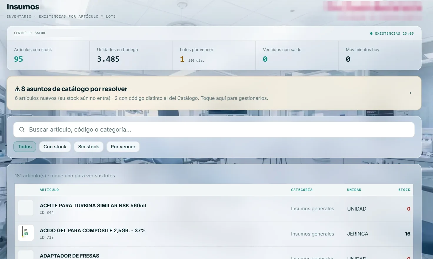 Inventario de insumos con existencias y lotes por vencer