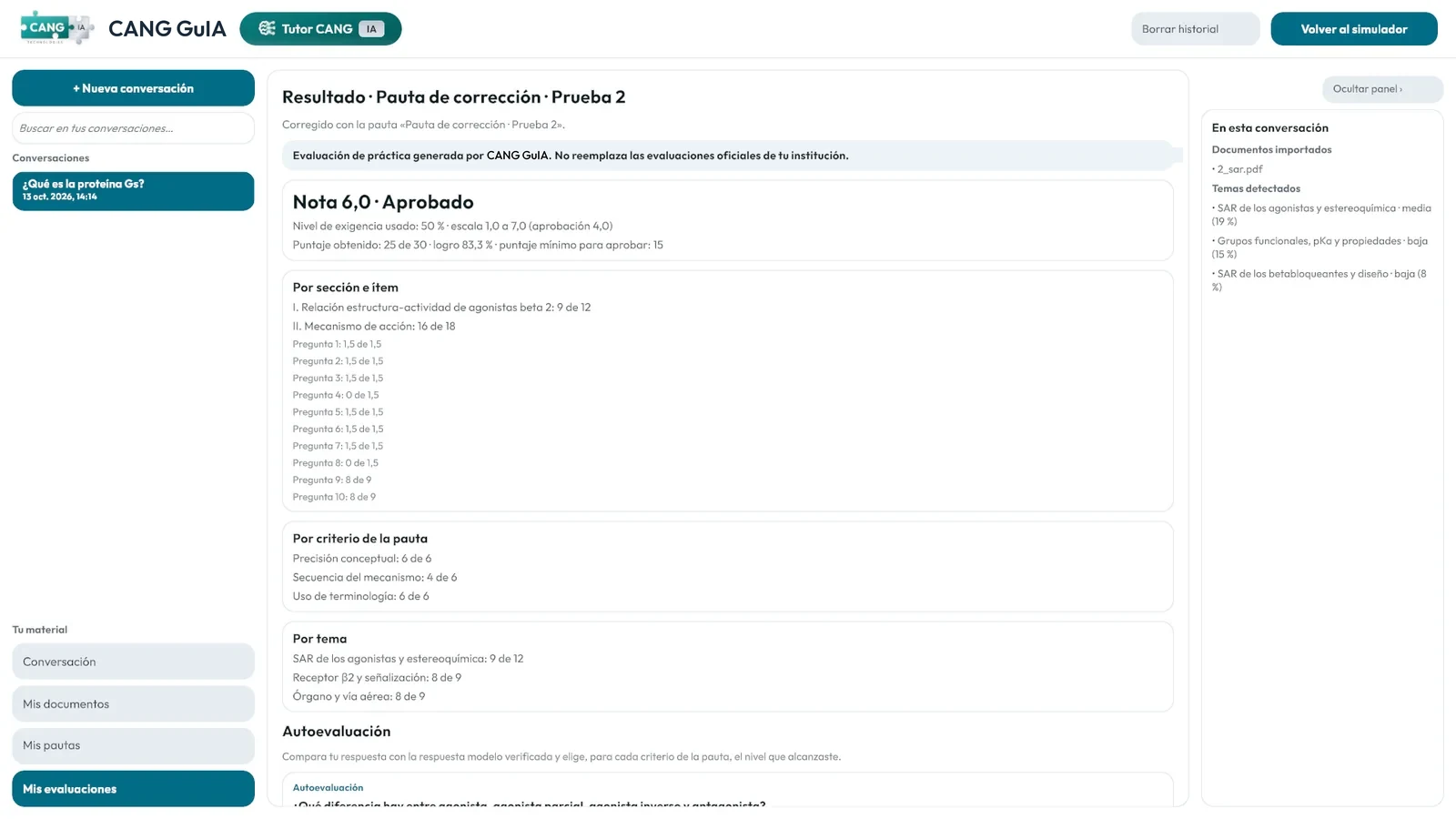 Resultado de una evaluación de práctica con nota y puntaje por sección